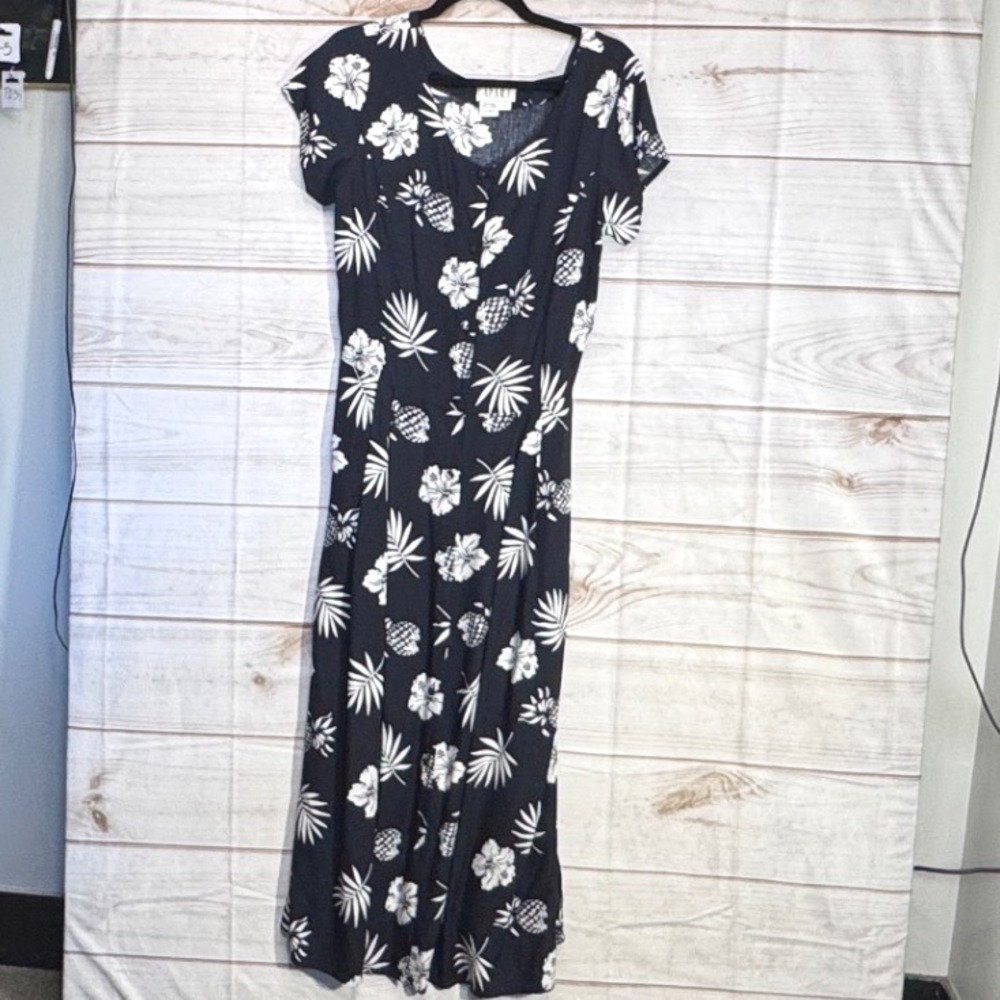 Apart Impressions VTG 90s Tropical Maxi Dress Black White‎ 16 Ti Belt at Waist